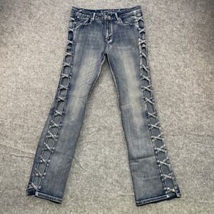 Y2K Platinum Plush Denim Jeans Rhinestone Open Leg Design Size 11